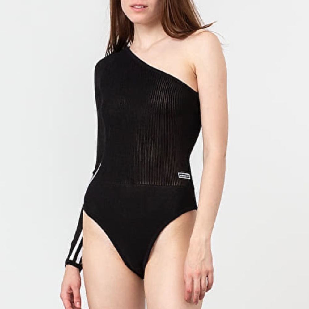 adidas Black One-Shoulder Ribbed Bodysuit with White 3-Stripes - Picture 2 of 8